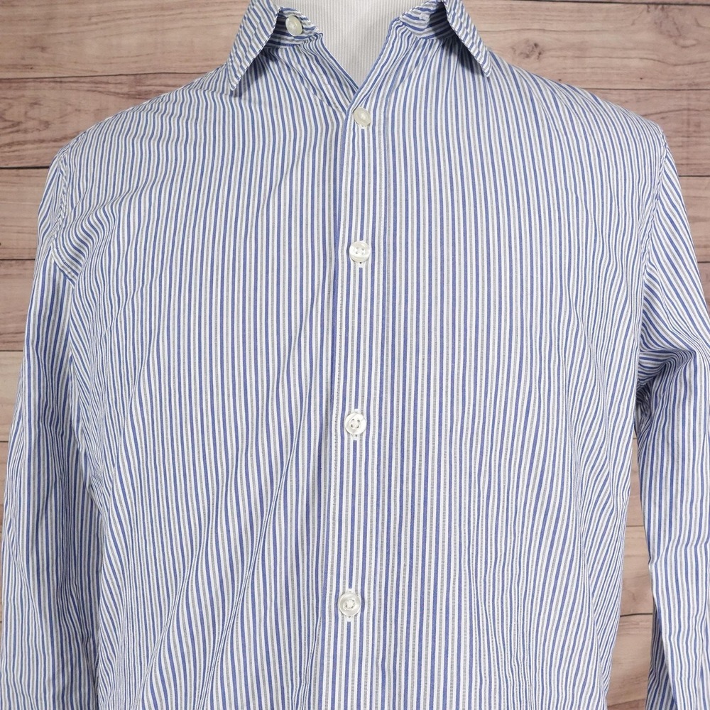 Claiborne Shirt Mens L Blue Striped Long Sleeve Button-Up Slim Fit 80's 2-Ply